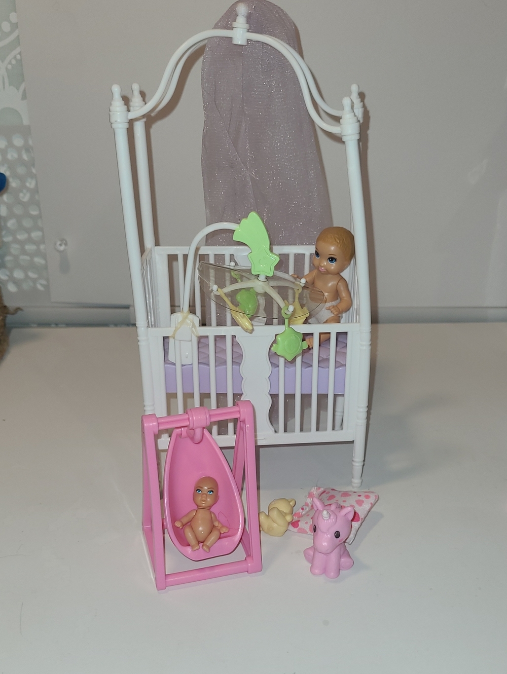 Barbie White Crib Playset with Pink Swing and Purple Bedding